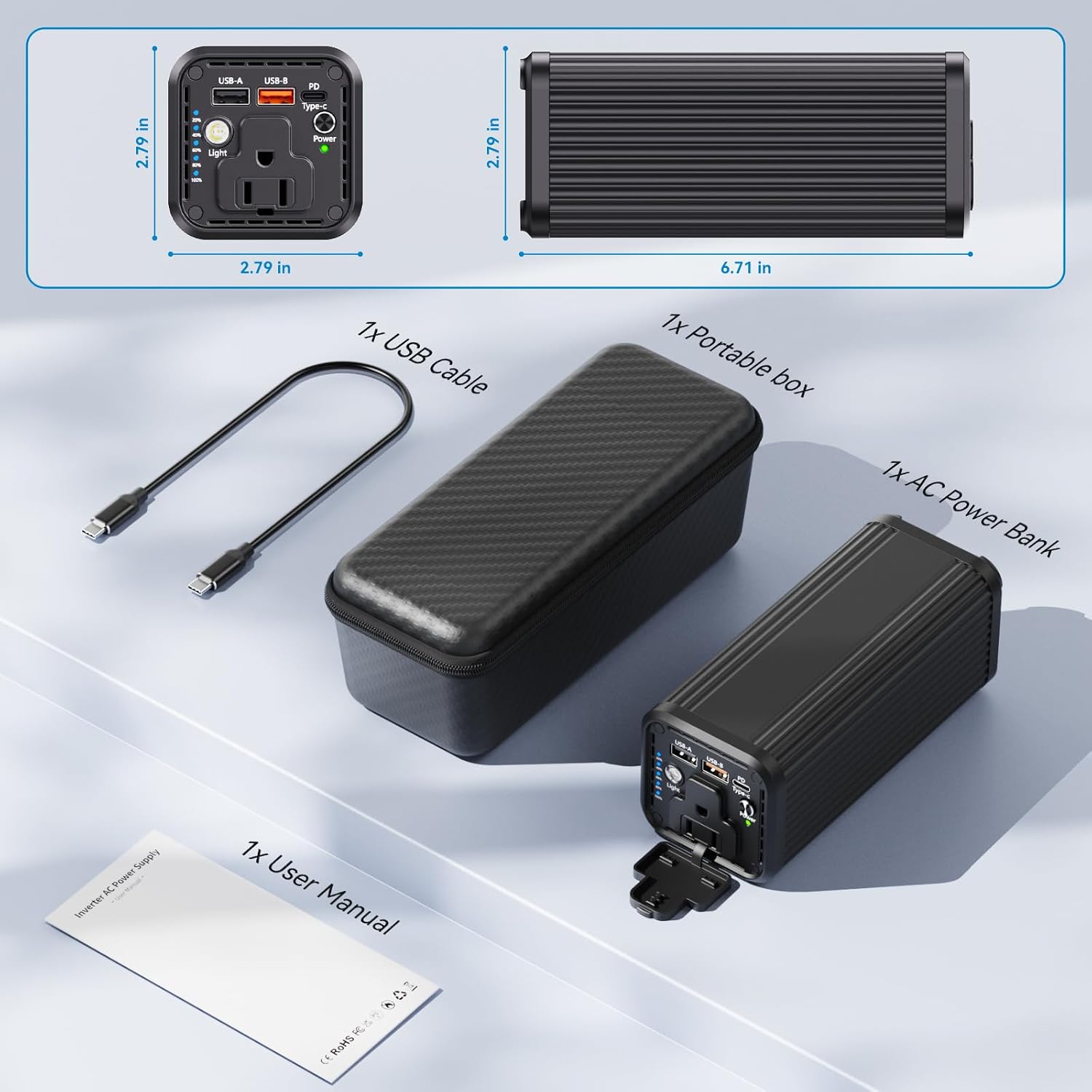 Portable Power Bank with 100W AC Outlet, PD 65W USB-C Fast Charging, USB-A Port, LED Light Indicator