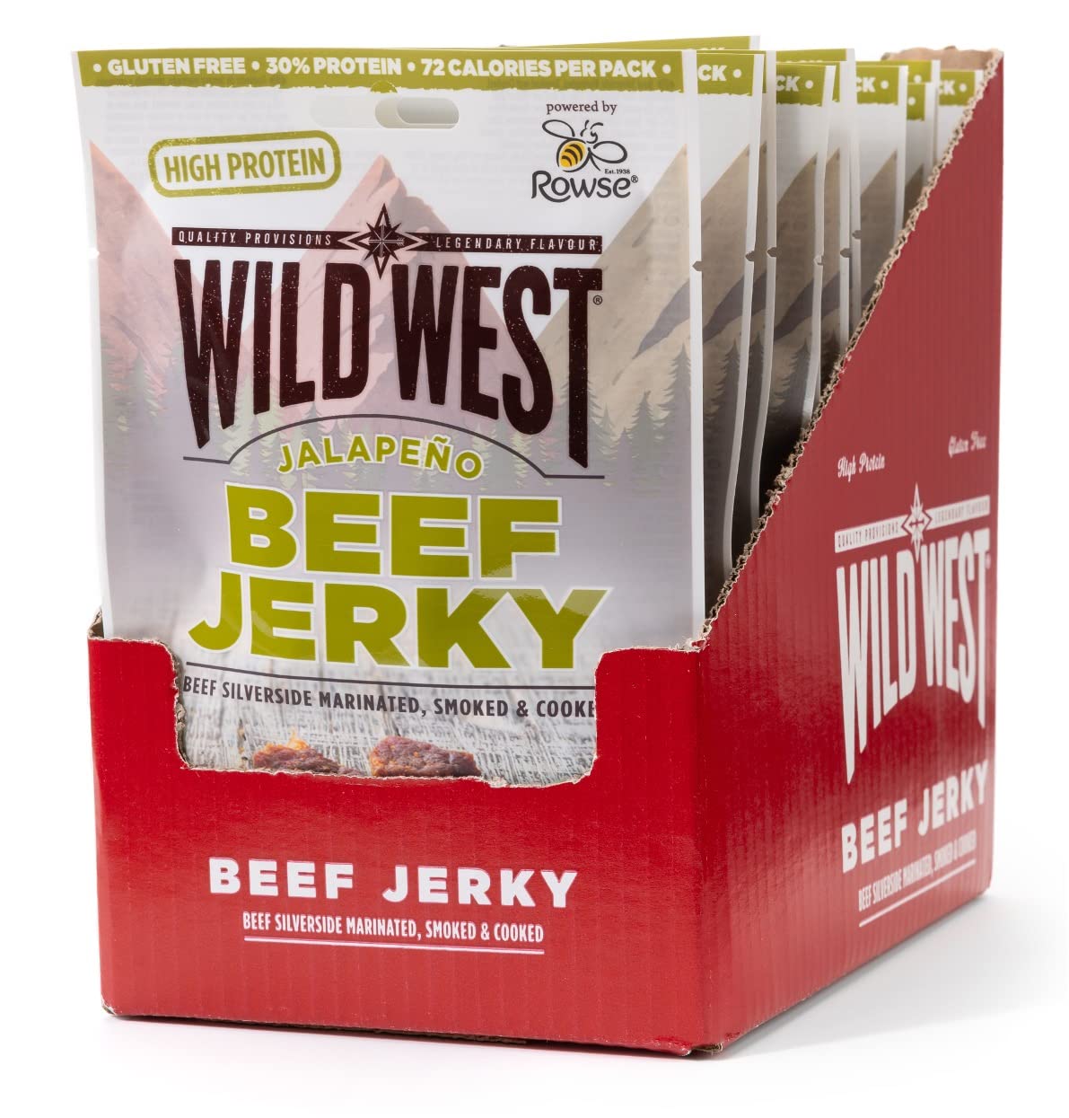 Wild West Beef Jerky, 16 x 60 g jalapeño, carne seca altamente proteica, snack proteico Beef Jerky, cecina de vaca