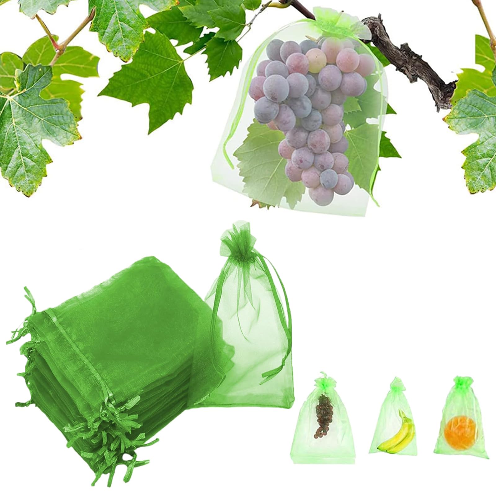 Xusxes100 Piezas Bolsa de Protección de Frutas de Red (20 x 30 cm) | Malla de Protección para Uvas, Bolsas para Uvas y Frutas con Cordón, Bolsas Protectoras contra Avispas, Pájaros e Insectos