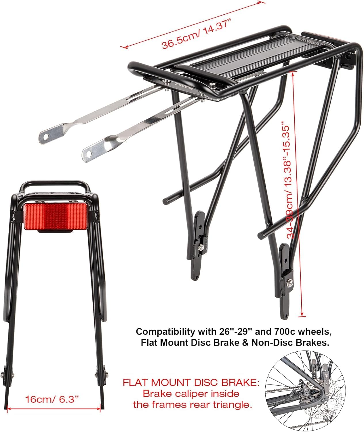 Portapacchi universale per bicicletta con guide laterali per borse da sella, portapacchi posteriore in alluminio leggero, per 26 – 29 pollici, portata 27 kg