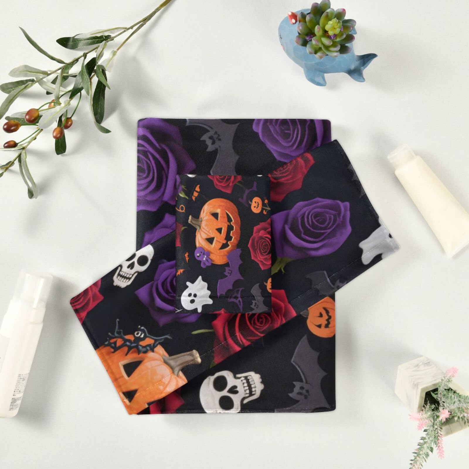 Halloween zucca gialla fiori rosa asciugamani decorativi Set 3 pezzi, 1 asciugamano da bagno 1 asciugamano mani 1 panno per il corpo viso bagno