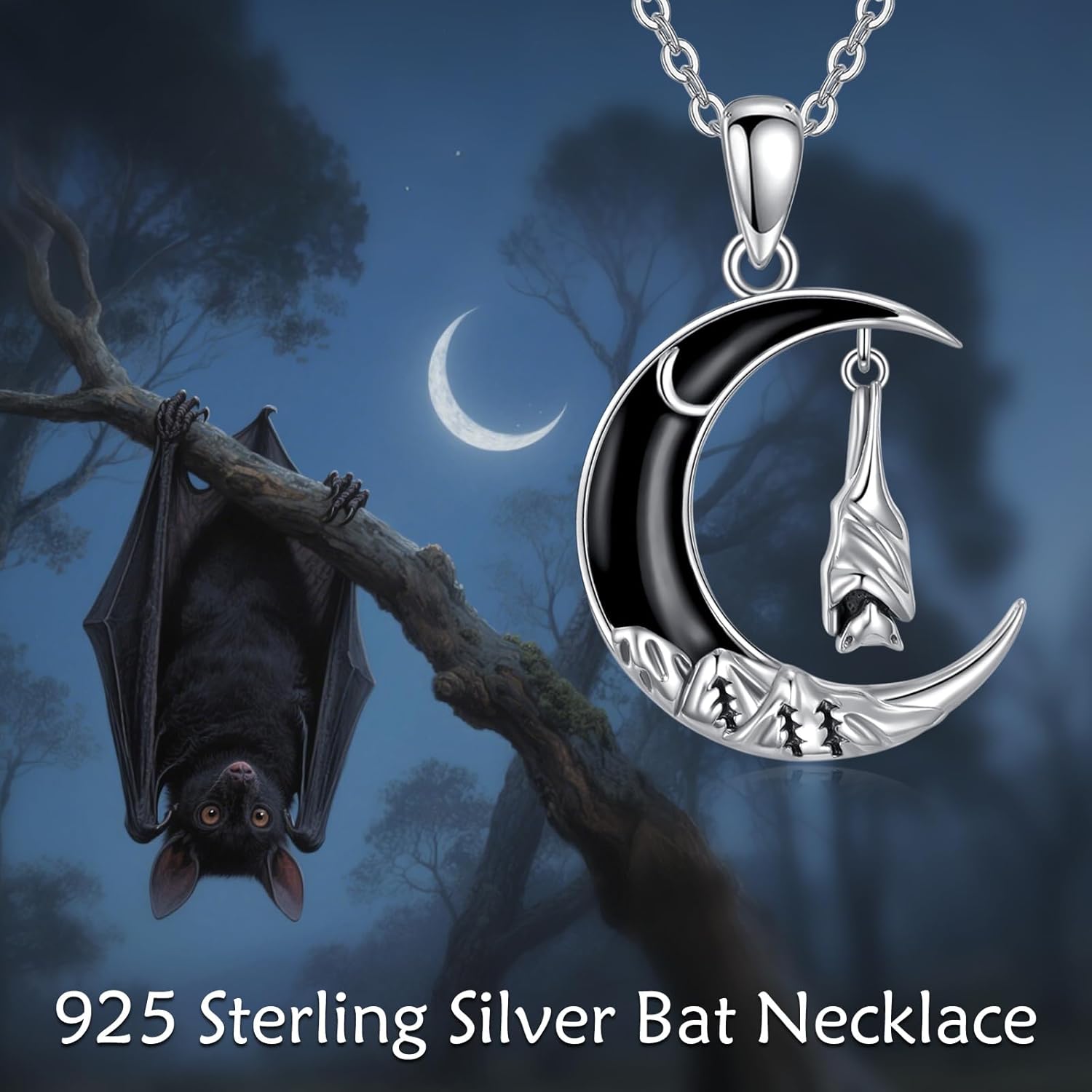 URONE Bat Necklace 925 Sterling Silver Moon Bat Pendant Necklace Gothic Halloween Jewelry Gifts for Women - Image 6
