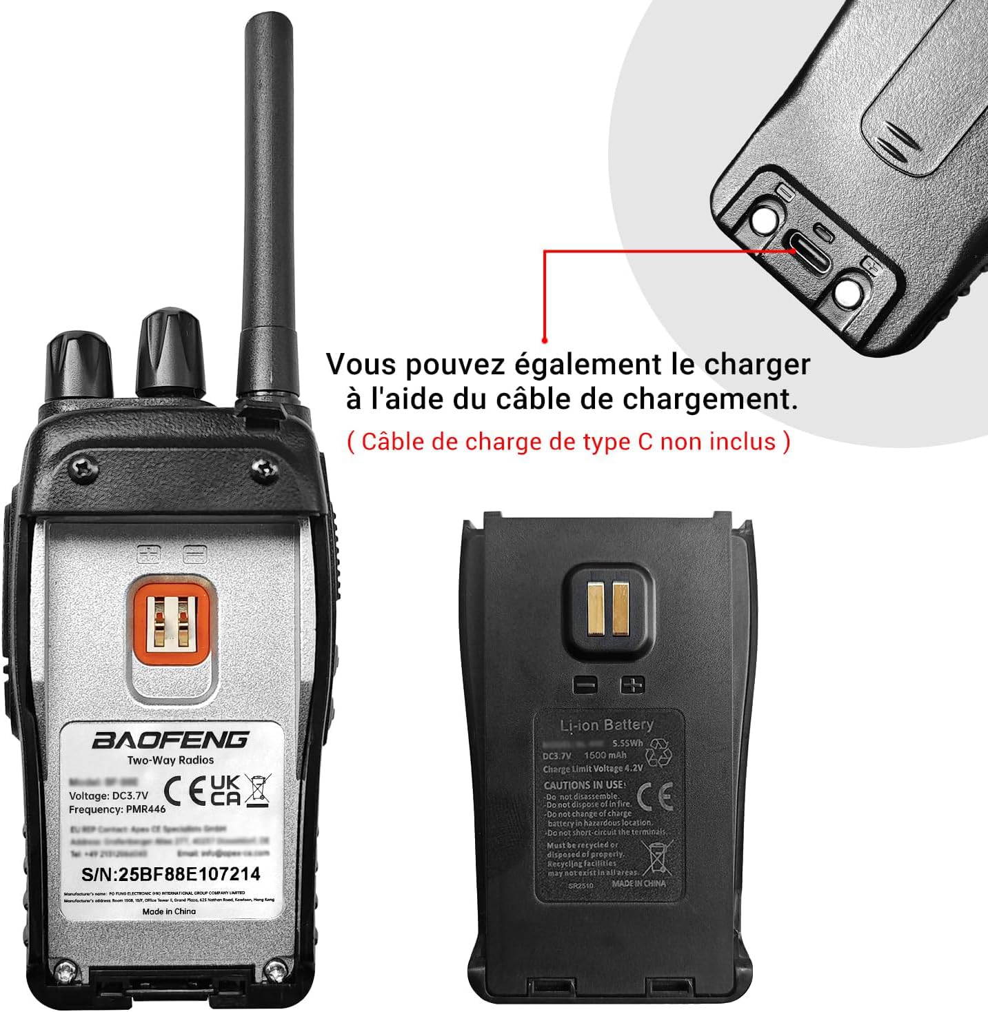 Talkie walkie Longue portée 【Version Mise à Niveau du 888S】 Walkie Talkies Vox Rechargeable Pmr 446 MHz 16 Canaux, avec des écouteurs Originaux Construit en Torche LED (Noir, 2 Pièces)