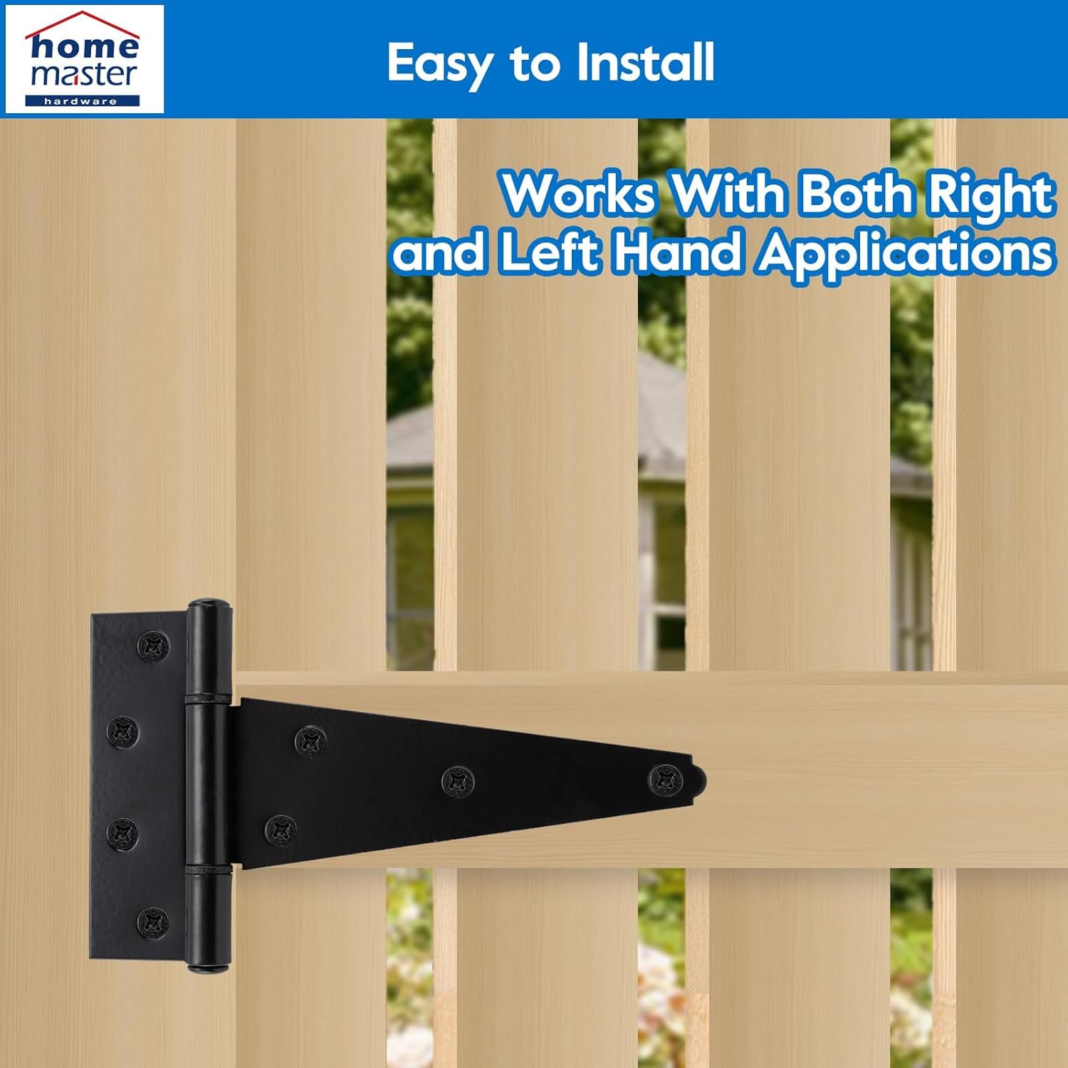 HOME MASTER HARDWARE 6 Inch T-Strap Heavy Duty Shed Door Hinges, Black Tee Hinge for Wooden Fences,Yard Door, Barn Door Gates, Rustproof Wrought Iron with Screws, 2 Pack