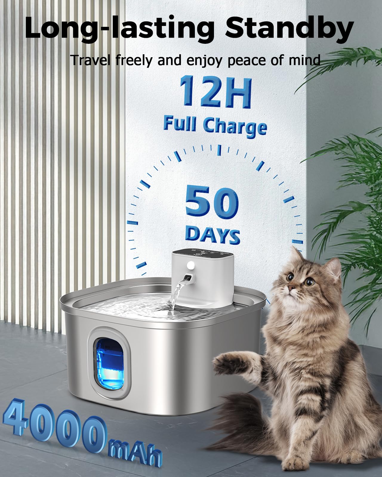 Papettly Fontanella per Gatti senza Fili - Fontana per Gatti Acciaio con Sensore di Movimento 3.2L, 4000mAh Ricaricabile Fontanella Gatto a Batteria, Dispenser Acqua Gatti Silenziosa con 2 Kit Filtri