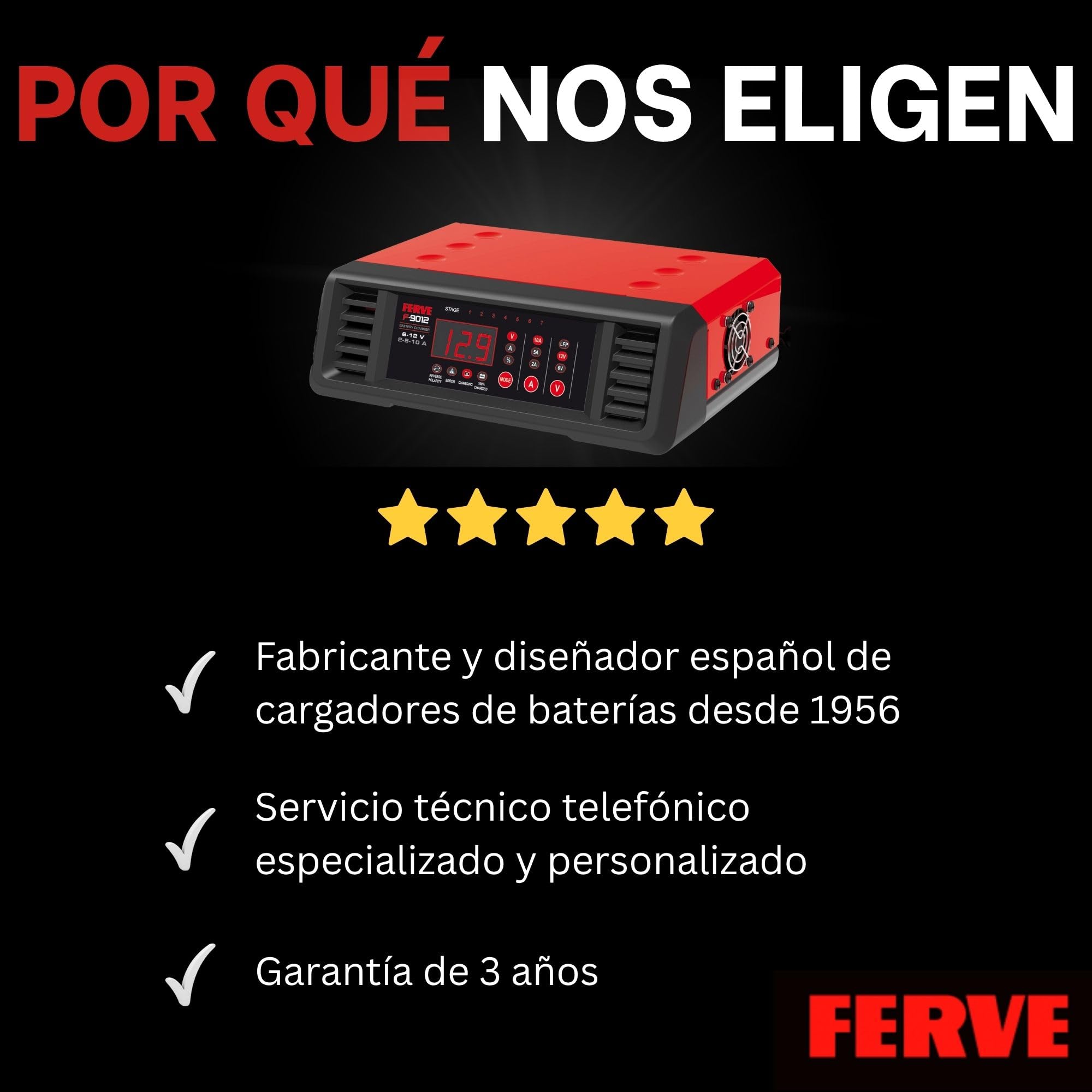 Ferve F-9012 Cargador de Bateria Automático - Mantenedor Inteligente 2-5-10A 6V/12V para Moto y Coche - Tecnología RF - Autoreinicio - con Pinzas y Terminales - para Baterias de Plomo-Ácido y Litio.