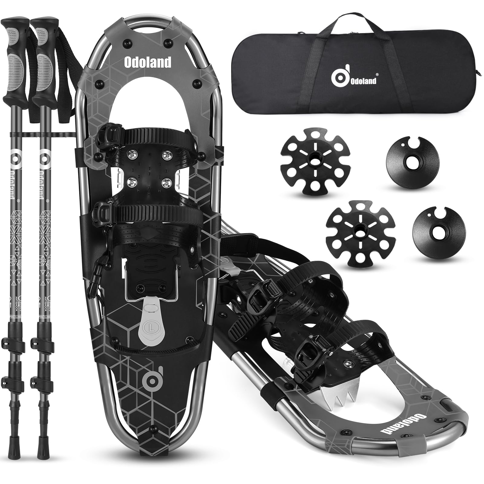 Odoland 3-in-1 Snowshoes Set for Men Women Youth Kids with Trekking Poles, Carrying Tote Bag, Light Weight Aluminum Alloy Terrain Snow Shoes,21”/25”/30”