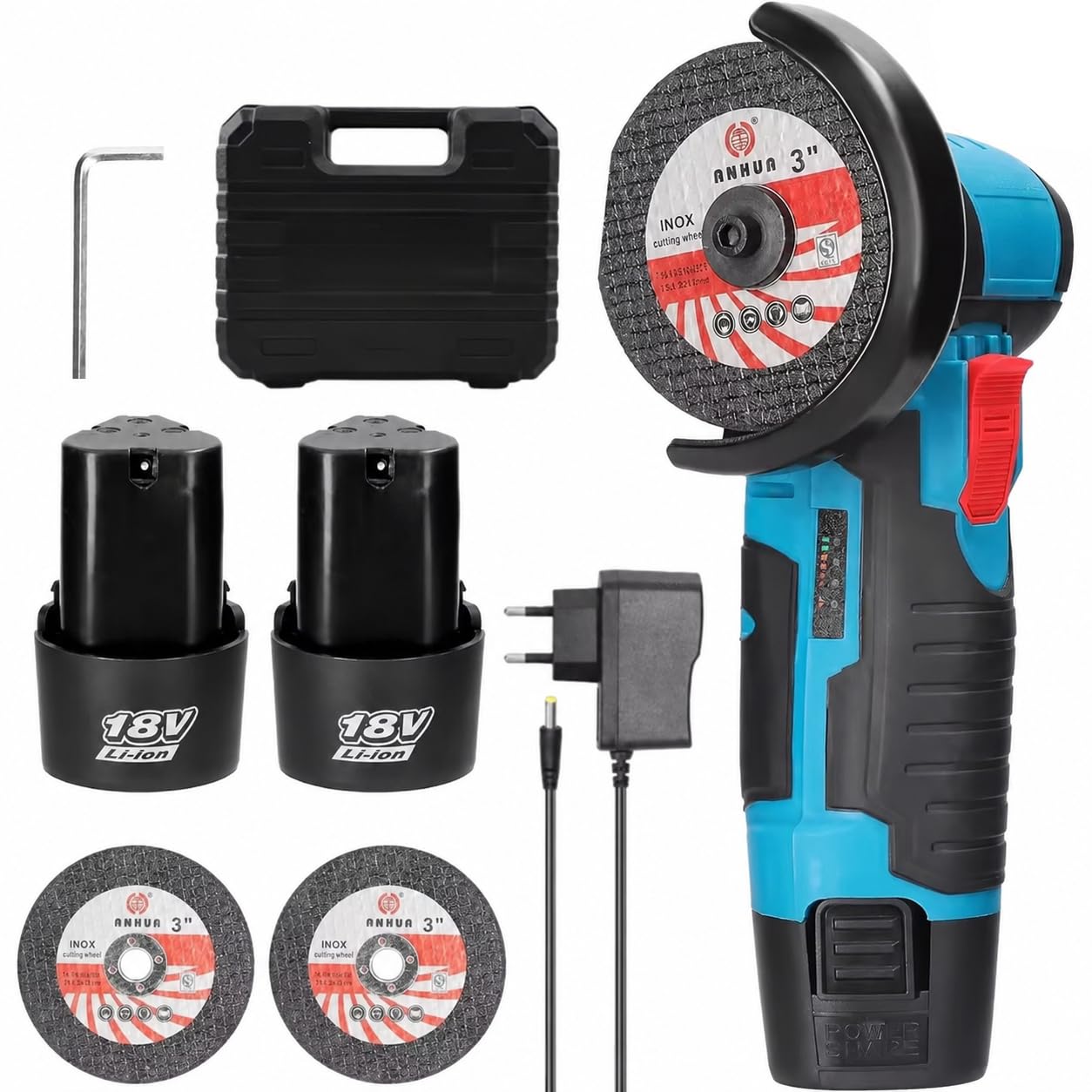 Mini Amoladora Angular Inalámbrica LHD de 18V con 2 Baterías, Cargador, 2 Discos de Corte y Maletín de Transporte.