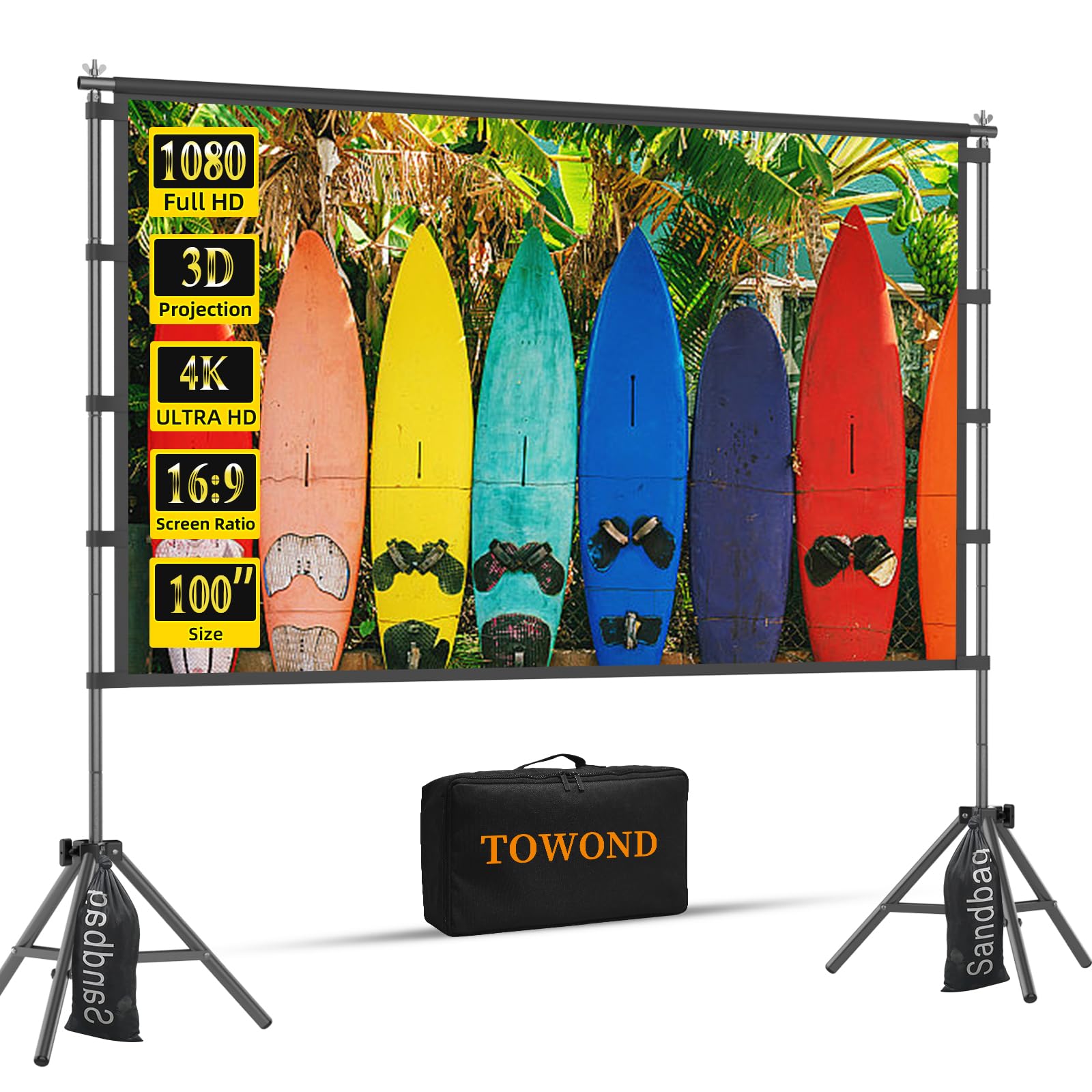 TOWOND Projektor-Leinwand, 100 Zoll (254 cm), tragbare Projektor-Leinwand und Ständer, Outdoor-Projektionsleinwand, 16:9, 4K-HD-Filmleinwand mit Tragetasche für Heimkino und Hinterhofkinoabende