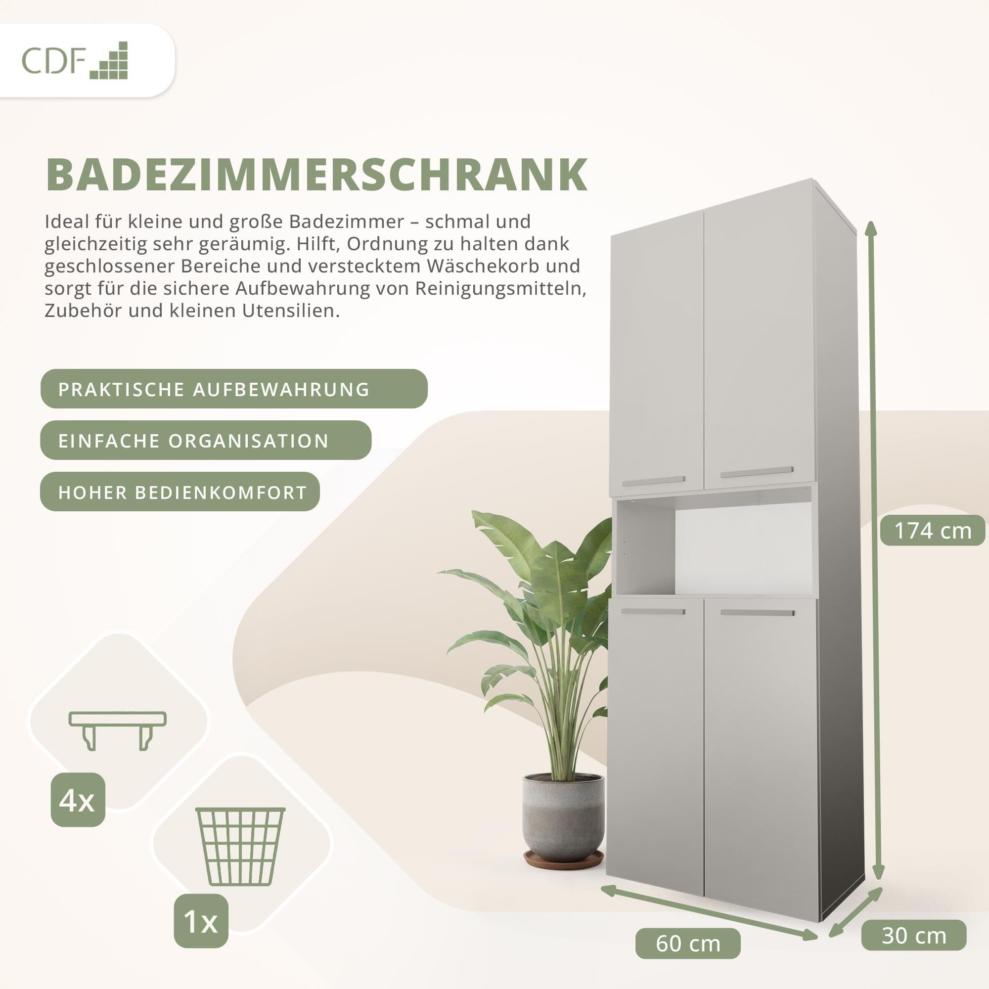 CDF Badezimmerschrank Bad Schrank Mit Wäschekorb Kashmir Badschrank Mehrzweckschrank Badregal Stehend Hochschrank Offene Regale Tür Bodenschrank Allzweckschrank 1 Wäschekorb 174x60x30