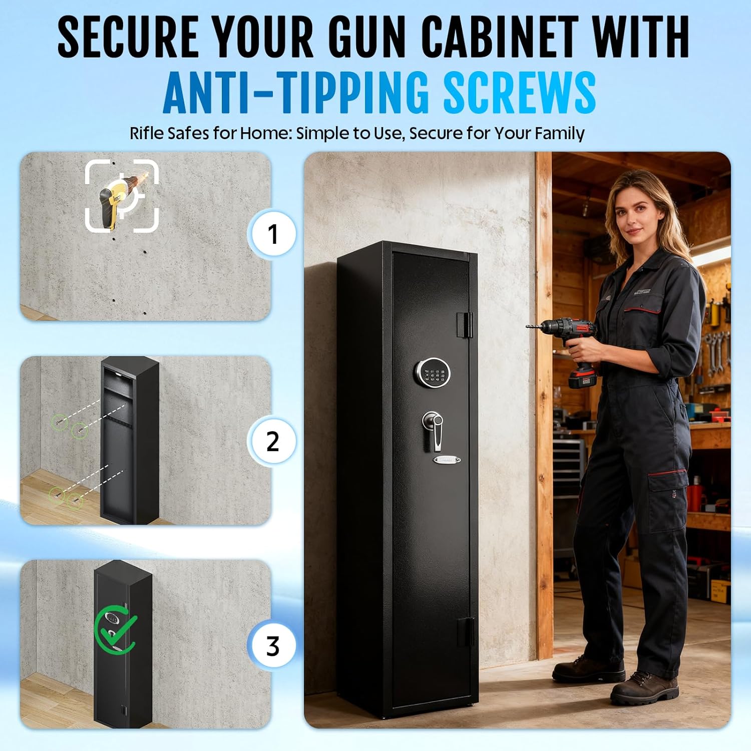 KAER 2-3 Gun Safe for Rifles and Pistols Guns Cabinet for Shotguns Quick Access Long Rifle Safes with Removable Rack LED Light Adjustable Shelves for Home Living Room Bedroom Closet Cloakroom (Black)