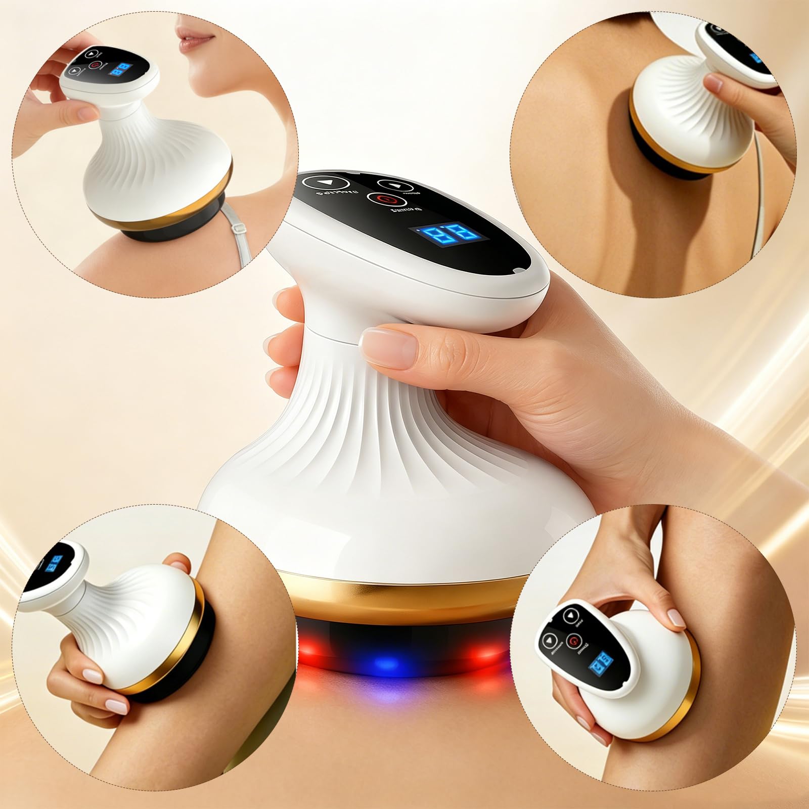 Vacuvia Cellulite Massager, Massagegerät mit Wärmetherapie, Gua Sha Elektrisch, Rotlicht & Blaues Licht, 9 Heizstufen+9 Saugstufen, Durchblutung, für Bauch, Taille, Arme, Beine, Gesäß