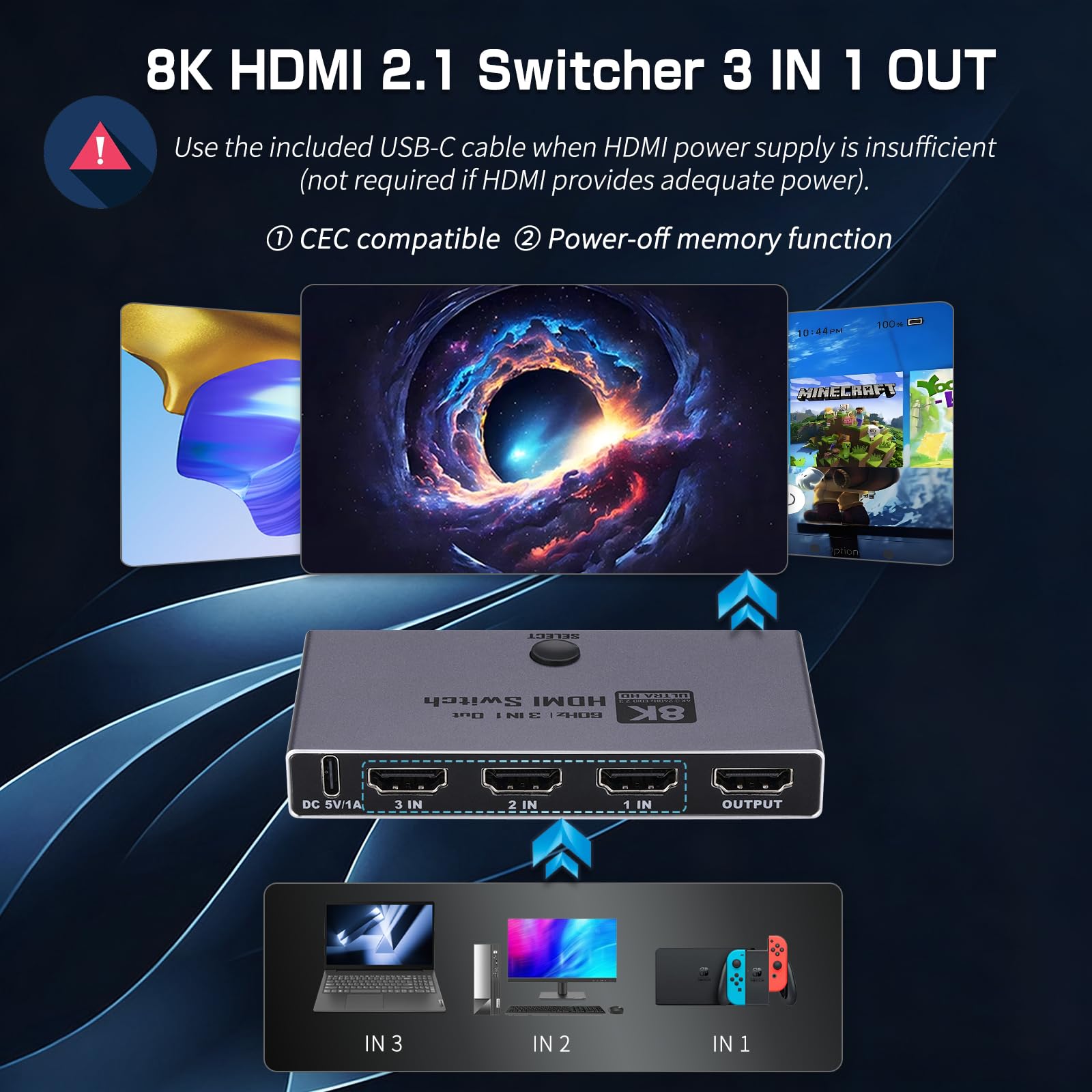 Enbuer Switch HDMI 2.1 8K, commutatore HDMI 2.1 3 in 1, supporta CEC 8K@60Hz, 4K a 240Hz, 1080P@4800Hz, HDCP 2.3 HDR 3D Dolby Atmos VRR Compatibile con PS5 Xbox Blu-Ray Player con telecomando IR