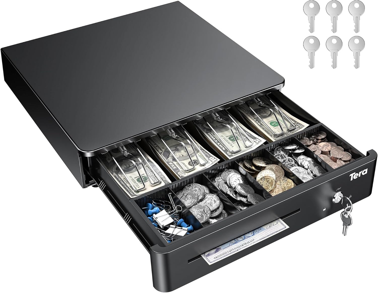 Tera 16 inch Auto Open Cash Drawer with Heavy Duty Insert Tray 5 Bill 8 Coin for POS System Removable Cash Tray Media Slot 24V RJ12 Key-Lock (Round Corner) for Small Business Retail 405R