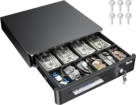 Tera 13" Auto Open Cash Register Drawer Heavy Duty Fully Removable Insert Tray 5 Keys 4 Bill 6 Coin Media Slot 24V RJ12 Key-Lock Round Corner for POS System Small Business 330R