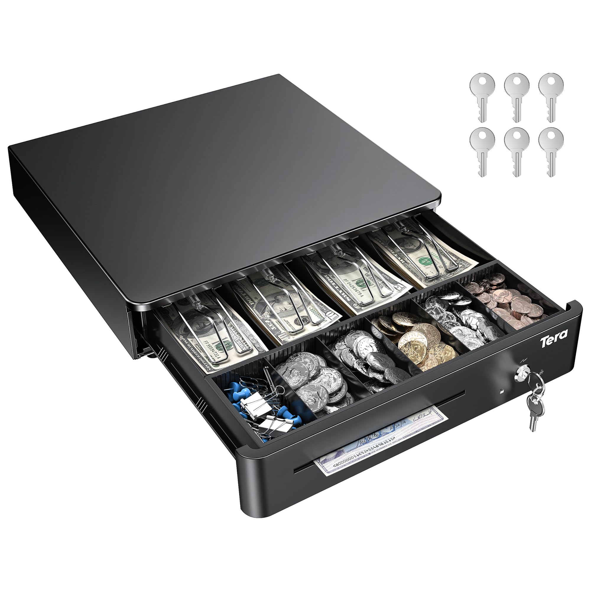 Tera 13" Auto Open Cash Register Drawer Heavy Duty Fully Removable Insert Tray 5 Keys 4 Bill 6 Coin Media Slot 24V RJ12 Key-Lock (Round Corner) for POS System Small Business 330R