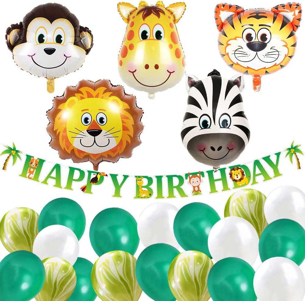 ETLEE Jungle Safari Animal Balloons - 22 Inch Giant Zoo Animals Balloons & Happy Birthday Banner & Latex Balloons for Jungle Theme Birthday Party Decorations