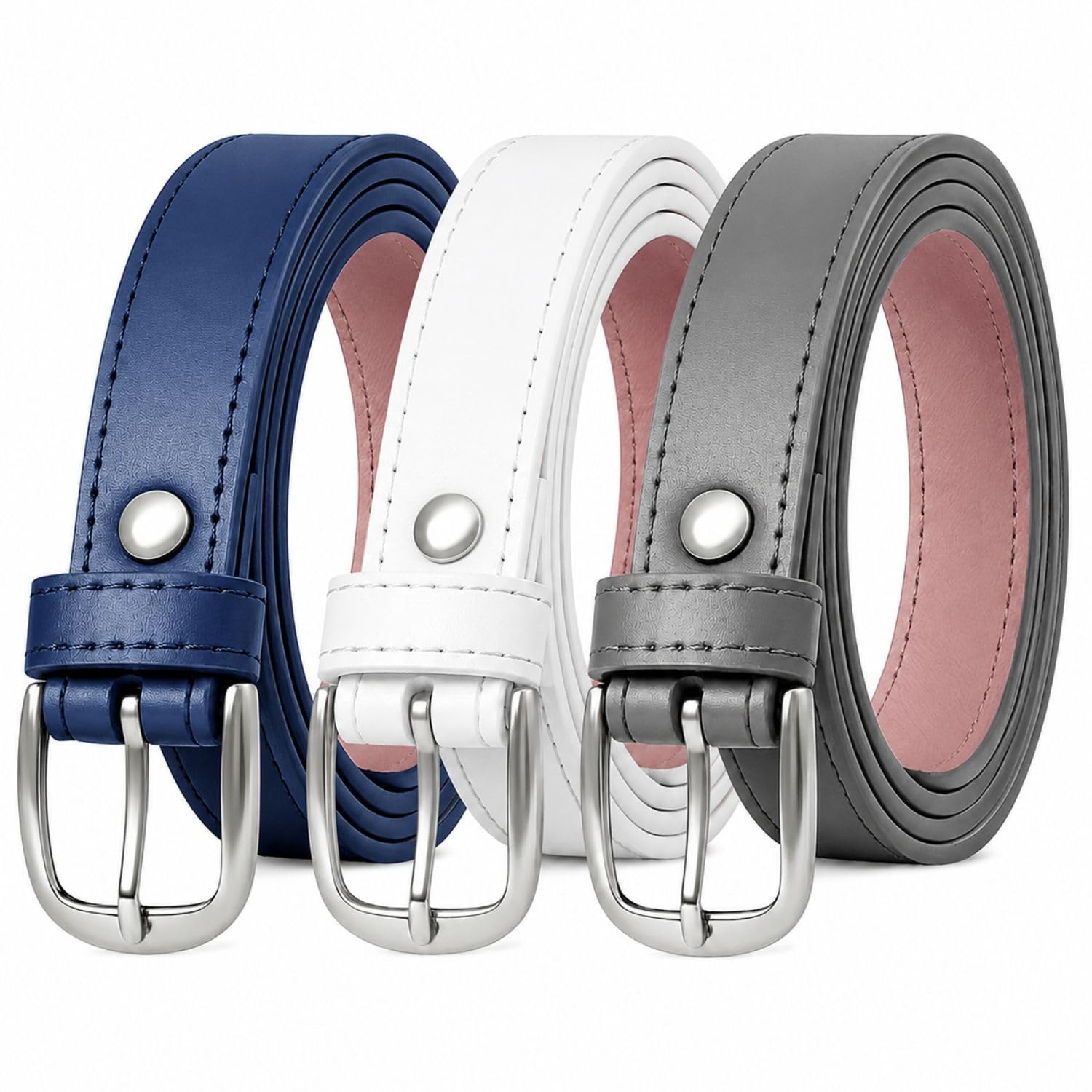 Women Slim Belt | Premium Vegan Leather Belt for Women | 2 cm Width | Silver Pin Buckle | Lightweight Casual, Formal & Office Wear Belt | 120 cm Length | Pack of 3-image-20