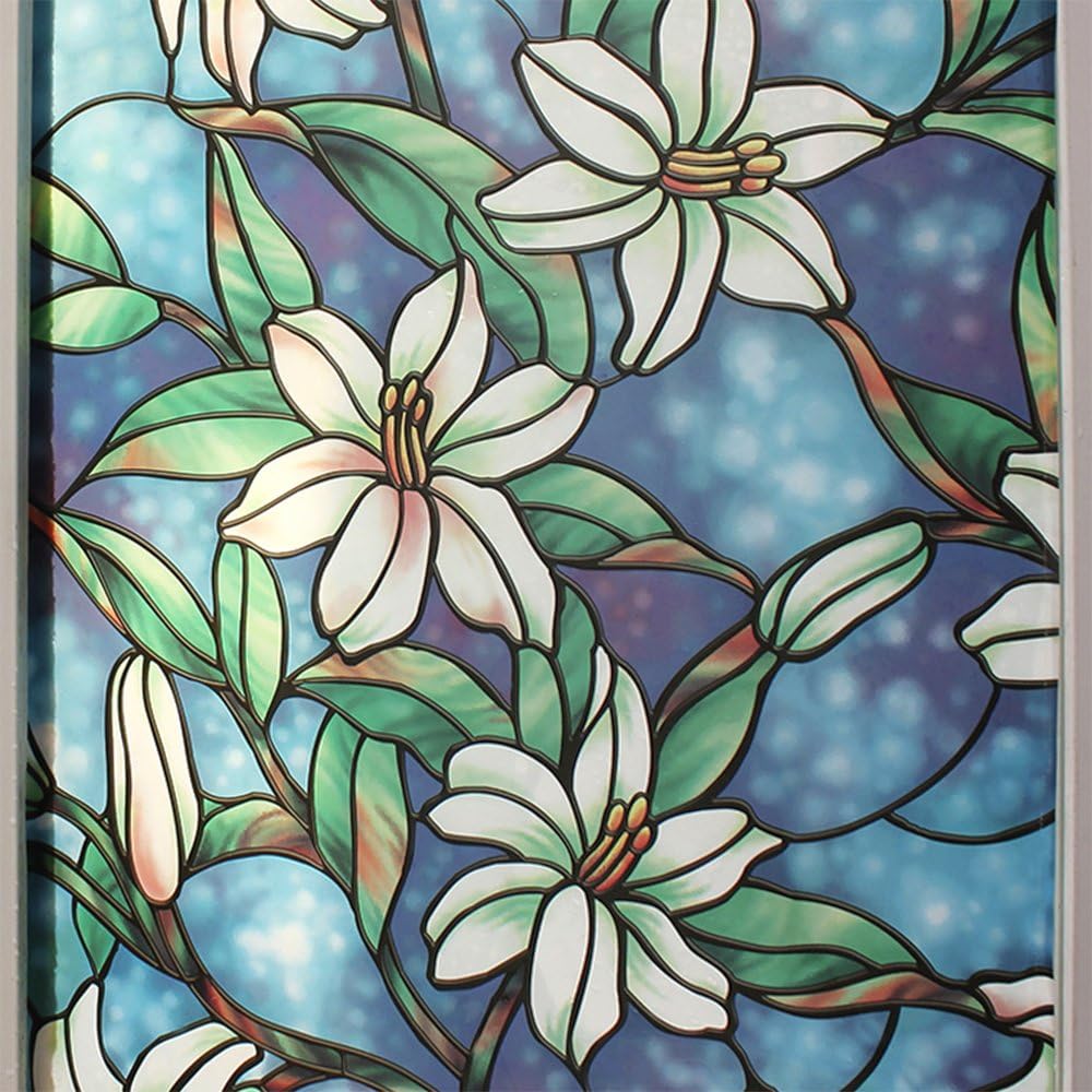 BDF 1CGB Floral Stained Glass Static Cling Window Film Non Adhesive Kitchen Home (36 in x 84 in)