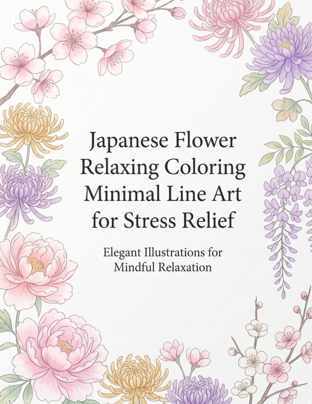Japanese Flower Relaxing Coloring Minimal Line Art for Stress Relief: Elegant Illustrations for Mindful Relaxation