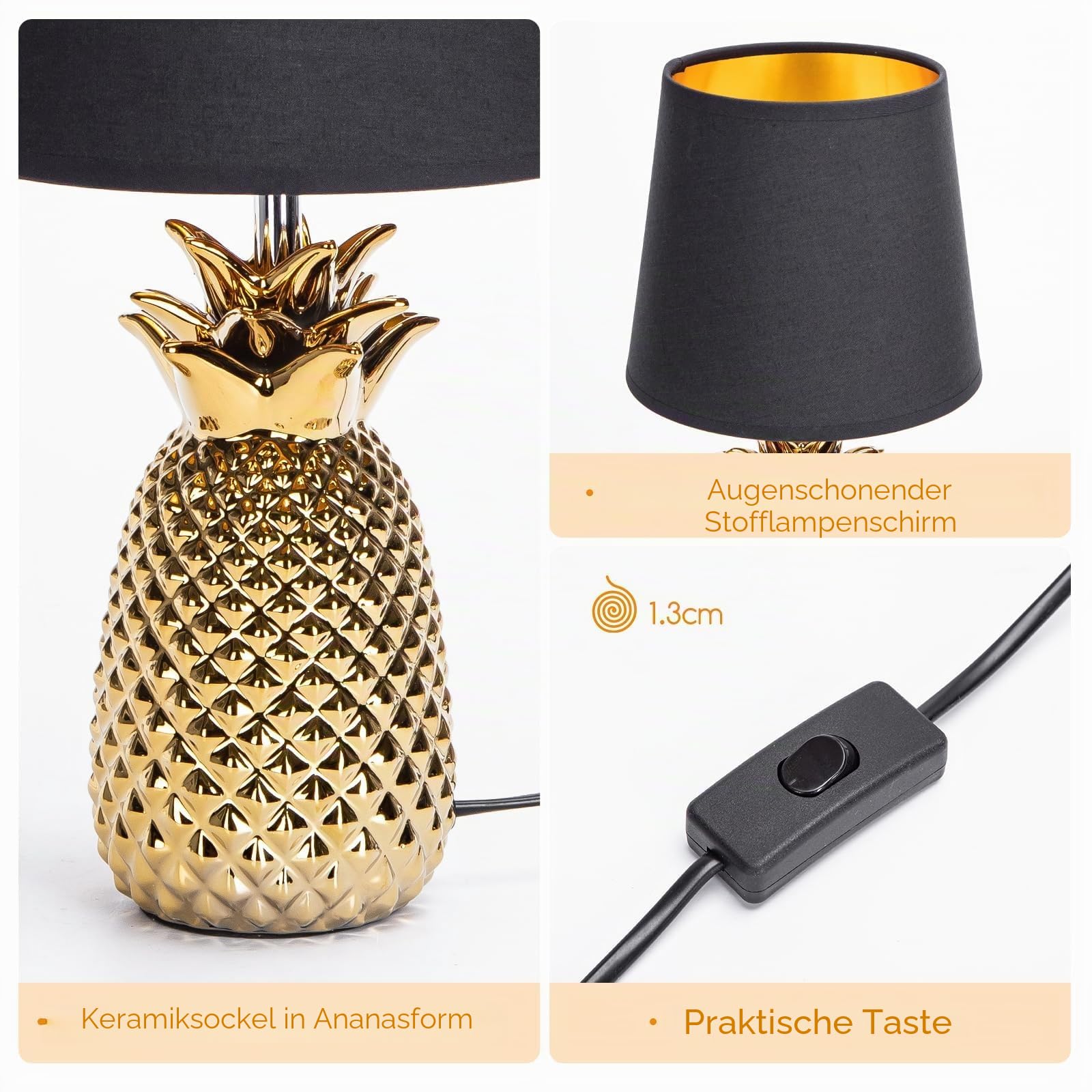 Aigostar Nachttischlampe, Tischlampe Keramik Tischleuchte Lampe für Nachttisch Beistelltisch Dekolampe Nachttischlampe Stoffschirm Gold Modern E14 H36cm