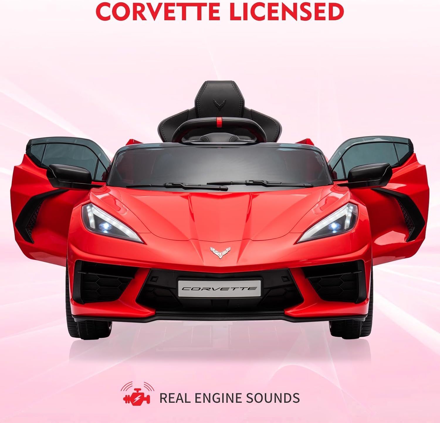 12V Kids Ride on Car Licensed Corvette Battery Powered Car Toddles Electric Sports Car Toy with Remote Control, Visual Dashboard, LED Lights, Music, Gifts for Boys Girls, Red