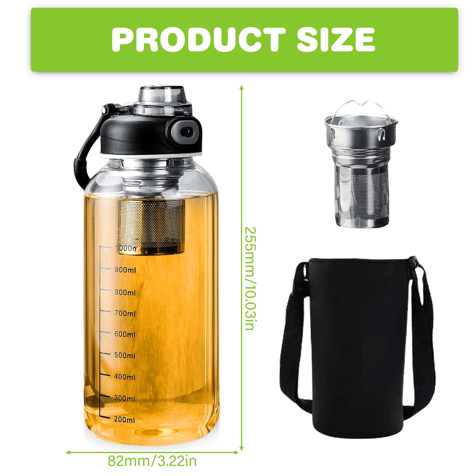 Szklana butelka na napoje, 1 l, szklana butelka 1000 ml, ze szkła borokrzemowego, z sitkiem do herbaty i tulejką na kubek, szczelna, wielokrotnego użytku, do uprawiania sportu, fitnessu, biura, na