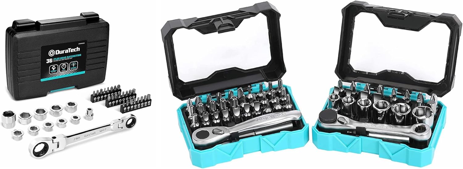 DURATECH 1/4" Mini Ratchet Wrench and Screwdriver Bit Set 36PCS Flex-Head Ratcheting Wrench Set