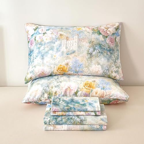 Zusbest Juego de sábanas de lujo tamaño King, 100% algodón, tejido de satén suave transpirable para personas que duermen con calor, románticas