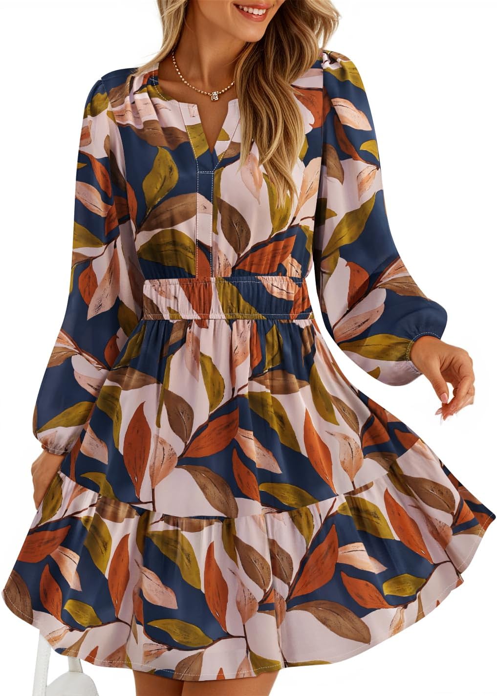 ZESICA Womens Spring Long Sleeve Floral Mini Dress 2026 Summer Boho V Neck A-Line Flowy Dresses Beach Vacation Clothes