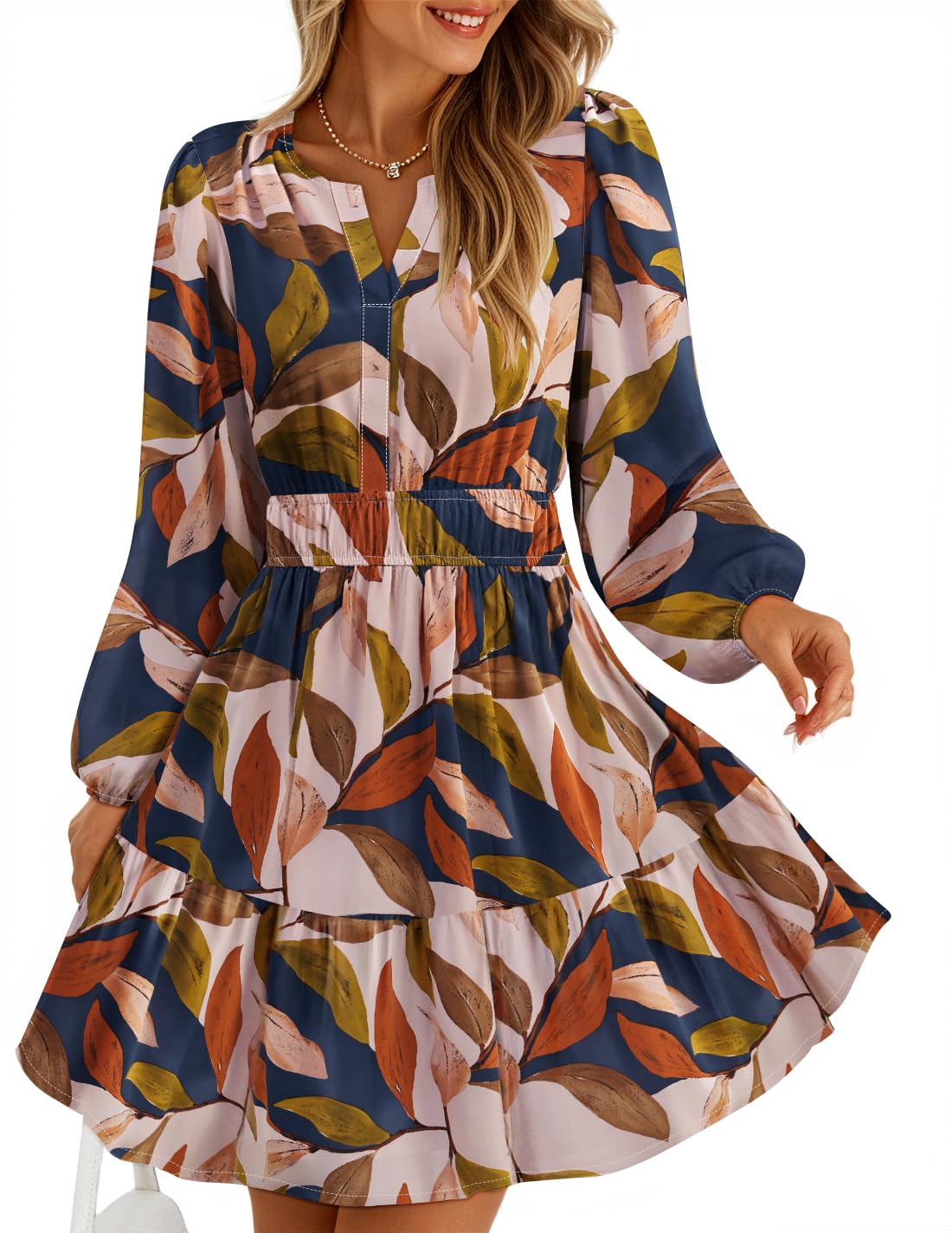 ZESICA Fall Floral Long Sleeve Wedding Guest Mini Dress