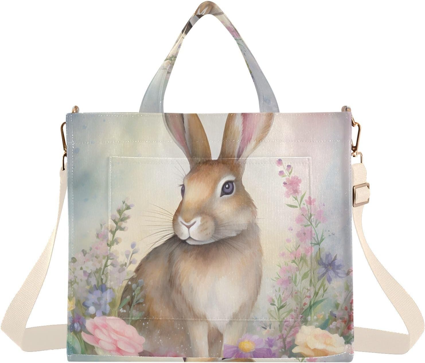 Corduroy Tote Bag for Women Watercolor Bunny Print, Handbag Purses with Detachable Strap Size Small