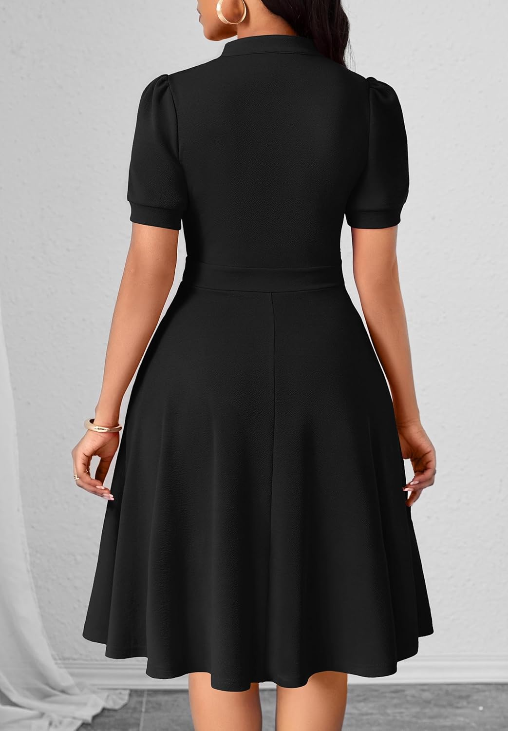 Womens Casual Summer Dresses Short Puff Sleeve V Neck A Line Wedding Guest Midi Dresses with Pockets - Image 4