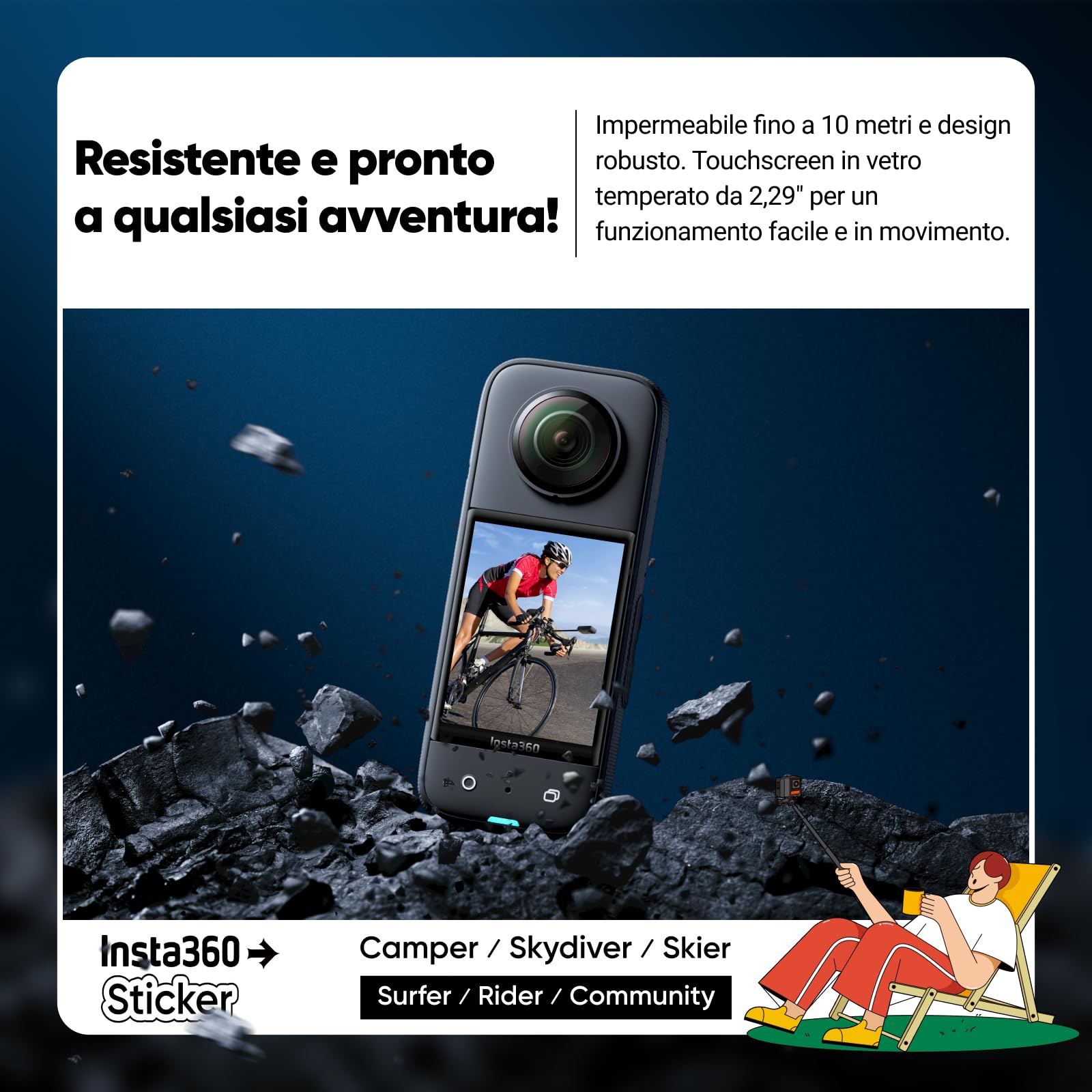Insta360 X3 Action Cam 360° Impermeabile 5.7K 72 MP Touchscreen 2,29" Stabilizzazione IA