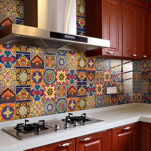 Vista 4 de 20 Pcs 4"×4" Tile Stickers Peel and Stick, Self Adhesive Waterproof Removable Mandala Style Tiles Backsplash for Kitchen Bathroom Furniture