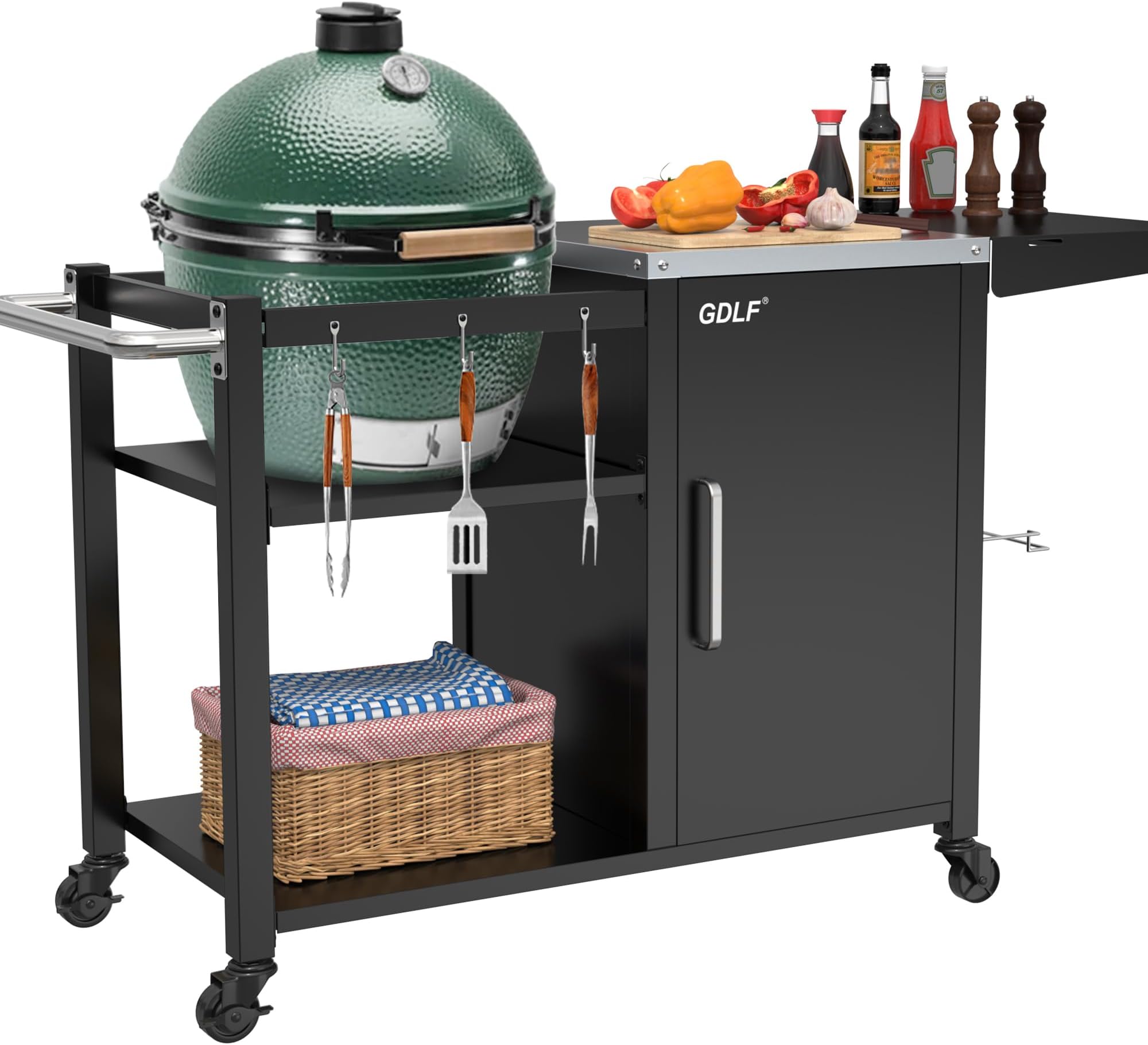 Grill Table for Big Green Egg, Metal Grill Stand Compatible with up to Medium Green Egg,Kamado Joe Jr