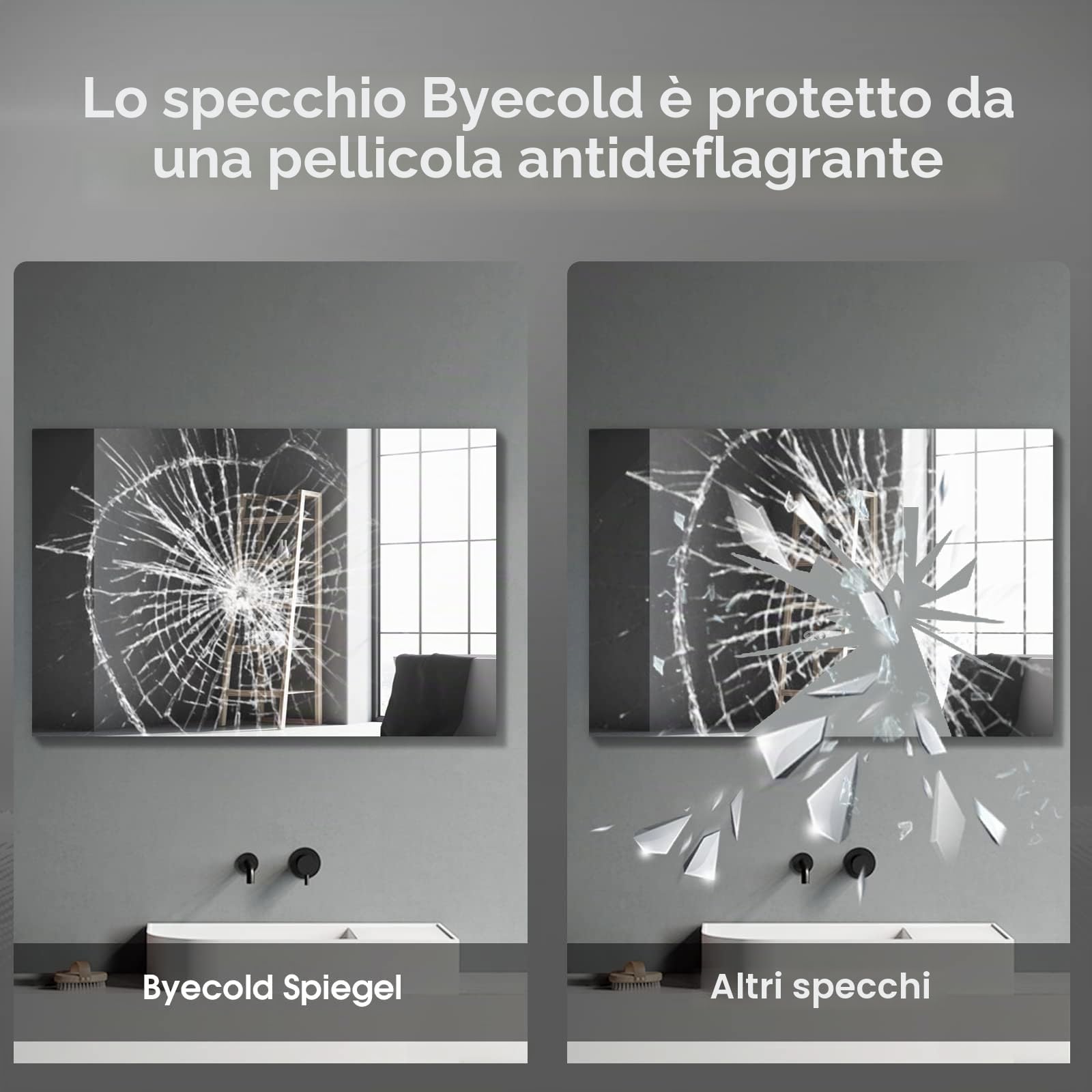 byecold Riscaldatore a infrarossi per specchio con termostato, 580 watt - Riscaldatore a infrarossi per specchio con illuminazione a LED - Specchio da bagno, 100x60 cm