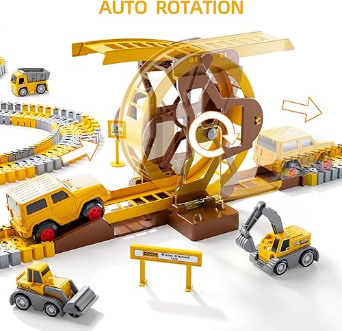 Miniatura 5 de iHaHa 299 piezas de pistas de carreras de construcción para niños, 6 piezas de autos de ingeniería y pista de carreras flexible crea un camino de