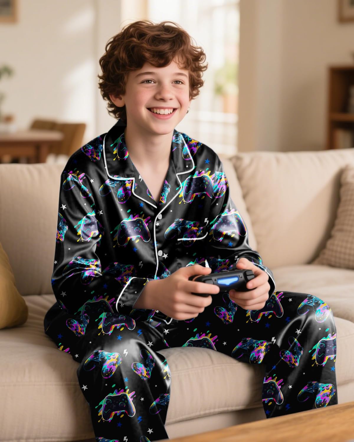Boys Pajamas Big Boys Silky Pajamas Gamer Satin Long Sleeve and Pants Button Down 2 Piece Pjs Sleepwear Set Size 8-14 - Image 3