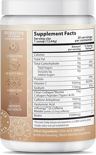 Miniatura 3 de Peptide Energy Colágeno en polvo para cabello, uñas, piel, tipo I y III, cafeína para energía, vitamina C, biotina, ácido hialurónico, cero azúcar