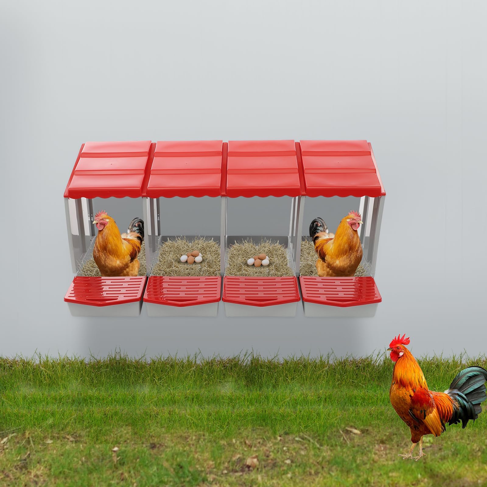 Nido per galline ovaiole 4 scomparti in plastica, pollaio per galline da esterno con tetto spiovente, raccolta uova facile, pollaio per 4-6 galline, montaggio a parete o da terra