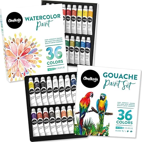 Chalkola Paquete de 36 tubos Gouche (0.4 onzas, 0.4 fl oz) y 36 tubos de acuarela