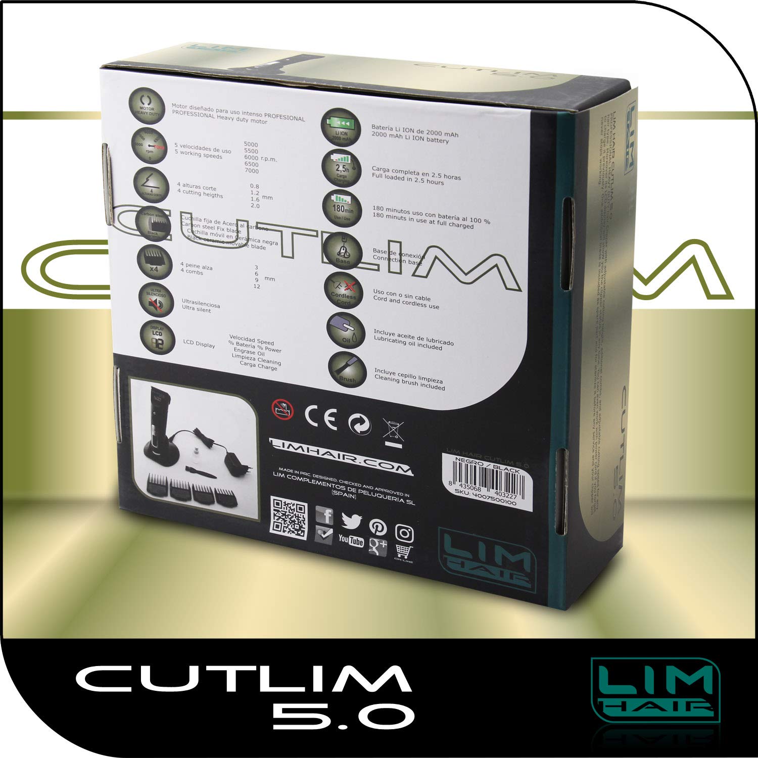 Máquina digital de corte de cabello LIM HAIR CUTLIM 5.0, para cabello, barba y cuerpo. Diseño PROFESIONAL. 4 alturas de corte, 4 peines alza, 5 velocidades, Batería Litio, Display.