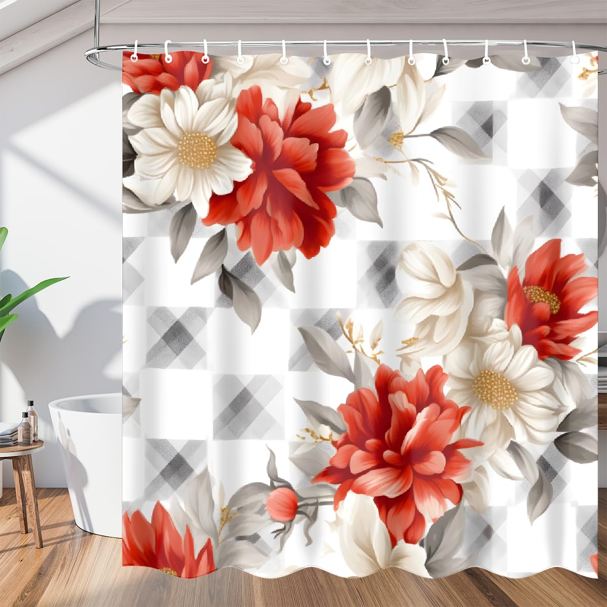 Rideau de douche imperméable à carreaux rouge et blanc Mexpekil 168x183 cm pour la salle de bain