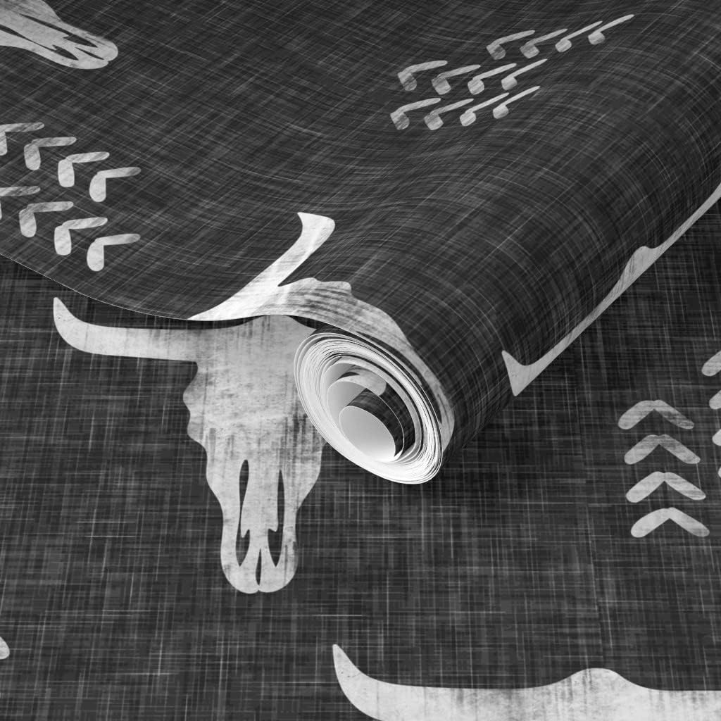 Removable Wallpaper 6ft x 2ft - Desert Skulls Boho Southwest Inspired Bull Cow Gray Bohemian Custom Pre-Pasted Wallpaper by Spoonflower