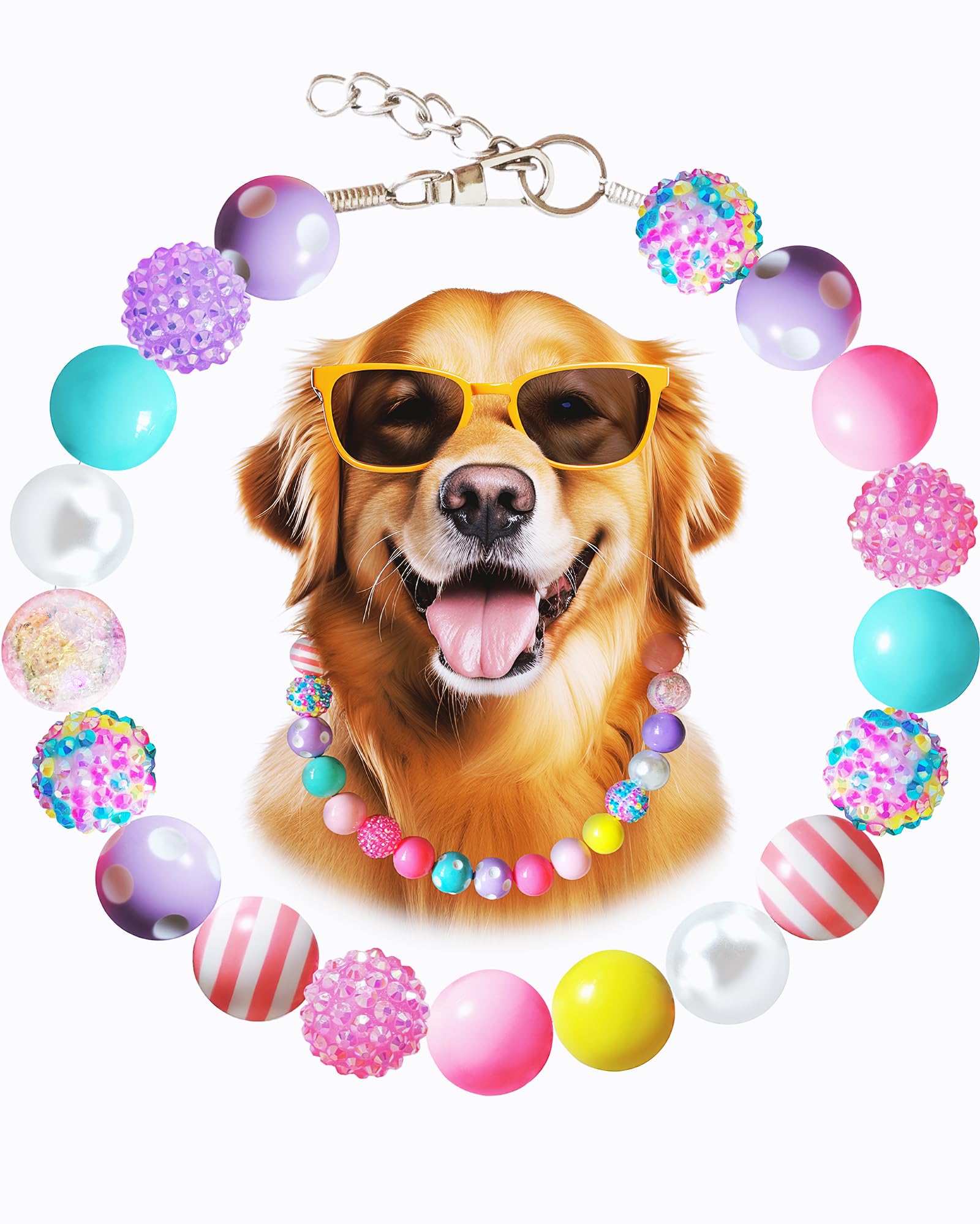 KUDES Bubblegum Dog Collar Necklace - Chunky 20mm Candy Beads with Stainless Steel Chain | Adjustable Rhinestone Pet Pearl Collar for Medium/Large