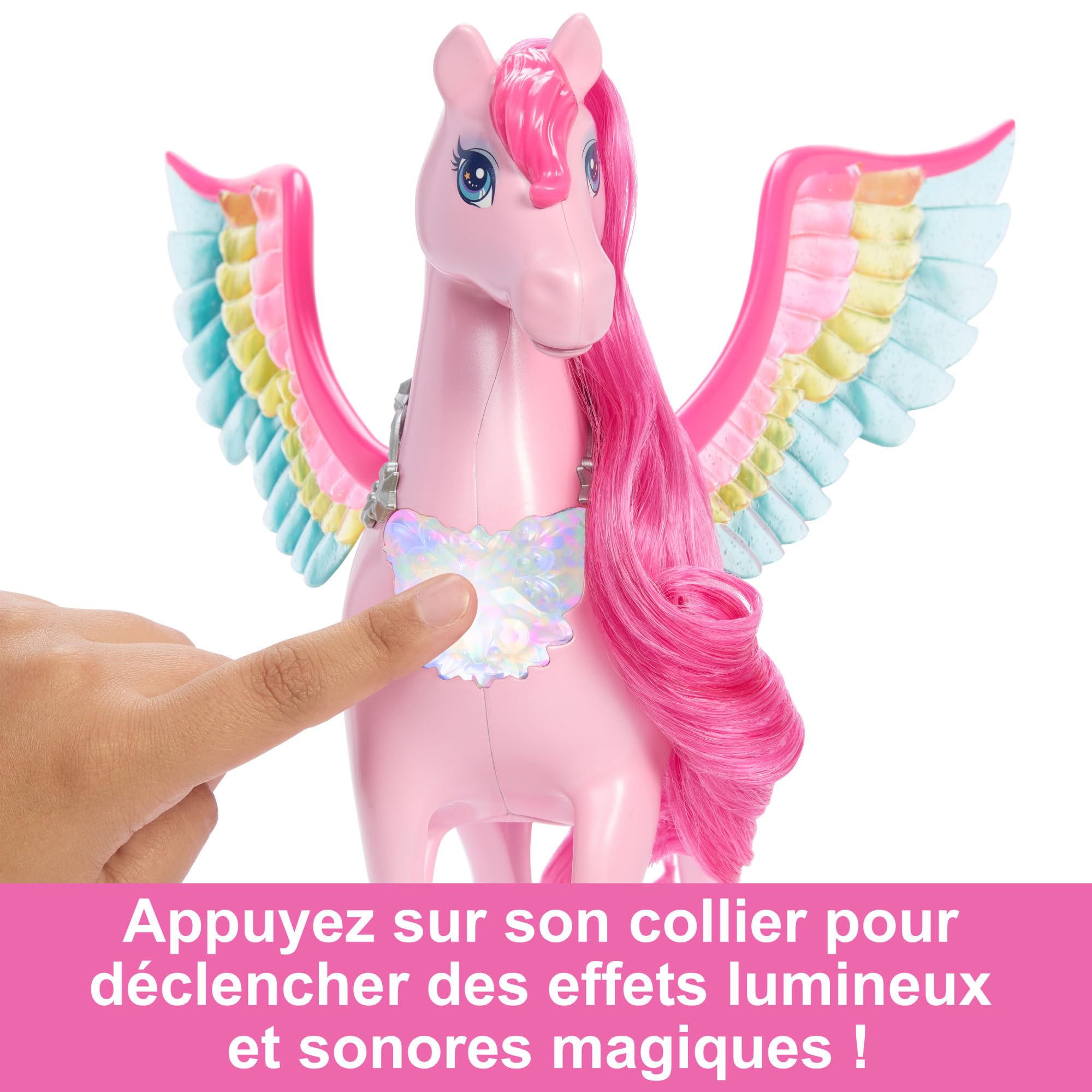 Barbie Pégase Magique Rose Aux Ailes Multicolores Scintillantes, avec Sons Et Lumières, 10 Accessoires Inclus Dont Chiot avec Surprise Ailée Magique, Jouet Enfant, A Partir De 3 Ans, HLC41
