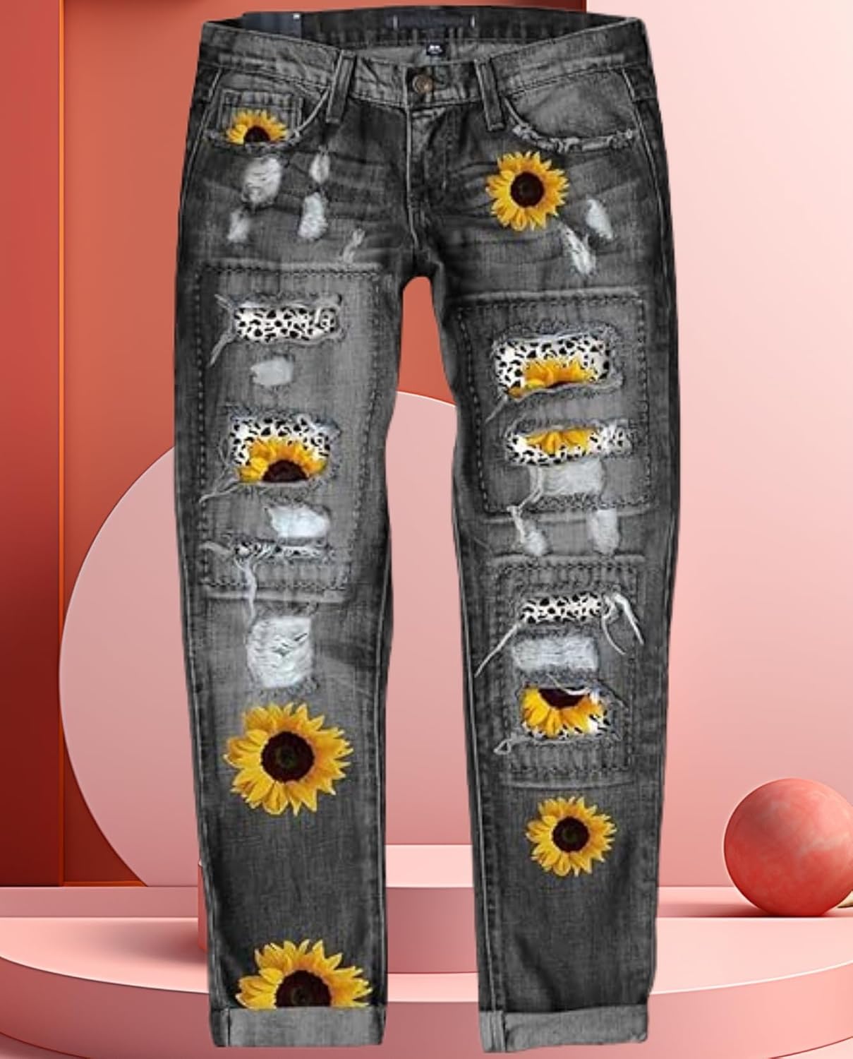 Women's Skinny Ripped Jeans - Mid-Rise Stretch Denim with Destroyed Holes & Retro Plaid Patch Design​