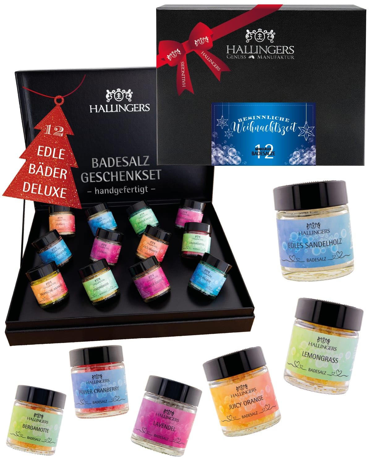 Hallingers Genuss Manufaktur Badesalze Weihnachts-Geschenk-Set - 12x Badezusatz mit Totes Meer Badesalz edle Geschenkbox, Badekristalle Fußbad & Spa "Besinnliche Wei...", Weihnachten für Frauen Männer