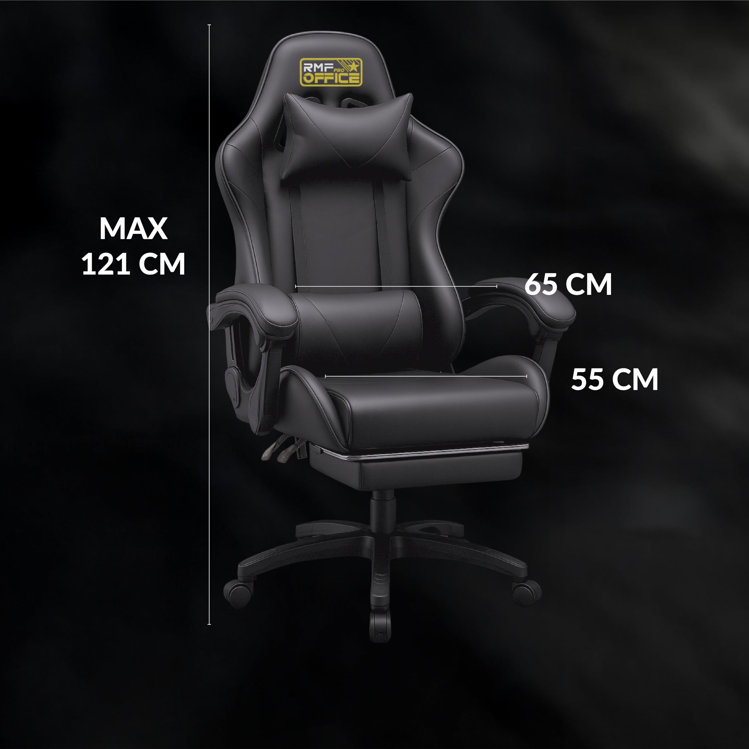 RMF Sedia Gaming Professionale Ergonomica Reclinabile, Poltrona Gaming Seduta Comoda e Rilassante con Poggiapiedi - Sedia per Gamer con Ruote Girevoli, Altezza Regolabile Nero